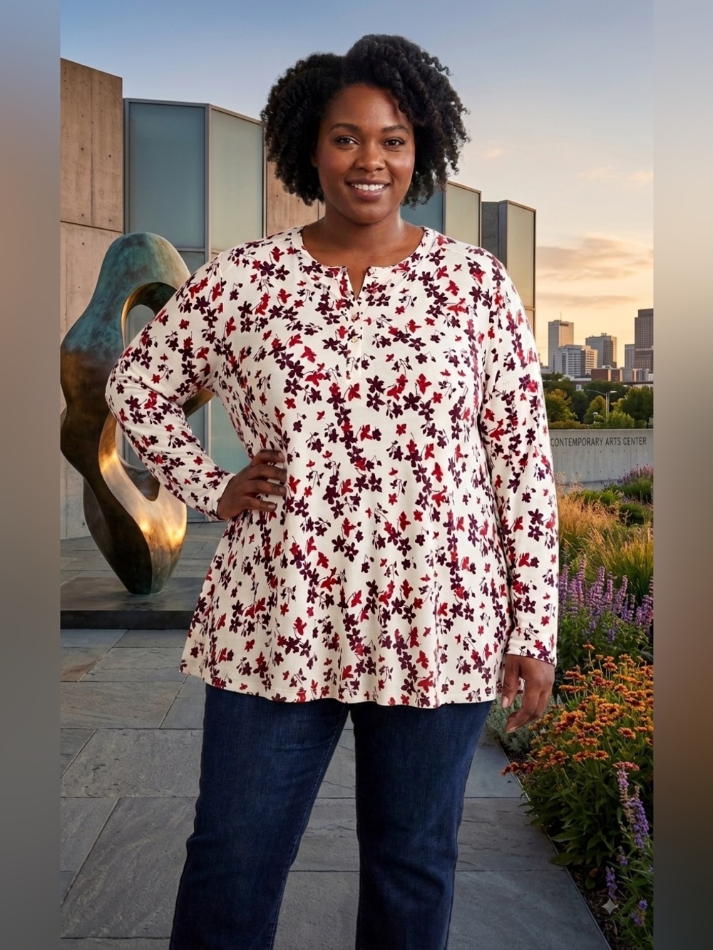 Liz Claiborne White Long-Sleeve Henley Top with Red and Burgundy Floral Print